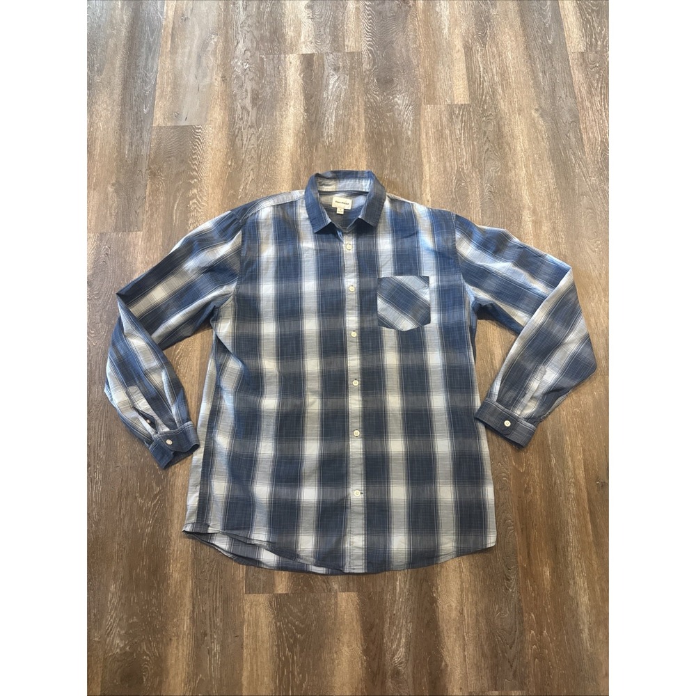 Frank & Oak Men's XL Plaid Button Up Long Sleeve Shirt Blue Gray White Montreal